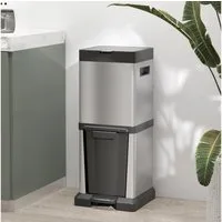 HOMCOM Mülltrennsystem 20+14L Treteimer mit Deckel Fußpedal Kippfach Inneneimer, für Wohnzimmer Büro Edelstahl Silber 32,5 x 31,5 x 78 cm