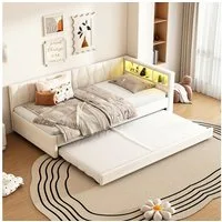 Flieks Daybett, LED Polsterbett Schlafsofa 90x200cm & Ausziehbett 90x190cm & Aufladen