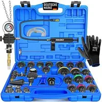 MASKO Multitool Kühlsystem Tester & Abdrückgerät - universeller Kühler Prüfgerät, (28-teiliges Kühlsystem-Nachfüll-Set inkl. Kühleradapter, Vakuumpumpe), Kühlerdruckprüfer - Kühler Entlüftungsgerät für Auto, Van, SUV, LKW