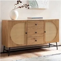 FINEBUY Sideboard FB103436 in Eiche Dekor 140 cm Kommode mit 2 Türen & 3 Schubladen (140x80x40 cm Anrichte, Eiche-Dekor Rattangeflecht), Kommode Türen & Schubladen, Hoher Kommodenschrank