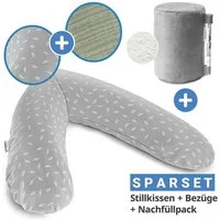 Theraline Stillkissen Das Original - Leaves - Grau & Musselin Salbei, Schwangerschaftskissen, Seitenschläferkissen 190 cm inkl. Nachfüllpack