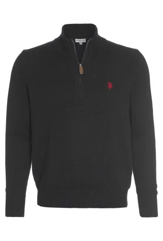 U.S. POLO ASSN. Herren Zip Troyer – Pullover mit Stehkragen – Eleganter Langarm Strickpullover in Schwarz
