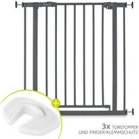 Hauck Türschutzgitter Open N Stop 2 - Dark Grey, Treppenschutzgitter Set mit Verlängerung & 3x Klemmschutz ohne Bohren