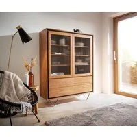 DELIFE Vitrine Stonegrace Akazie Natur 115x150 2 Türen 4 Schubladen Steinfurnier V-Fuß
