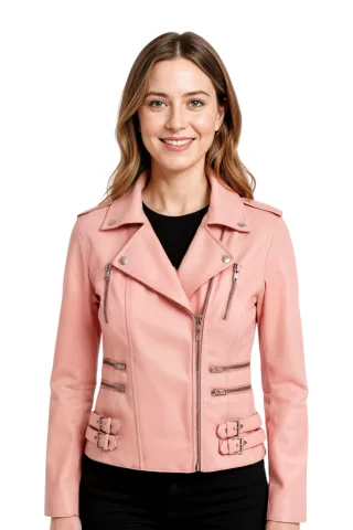 Damen Leder Baby Pink Brando Bikerjacke-Constantia