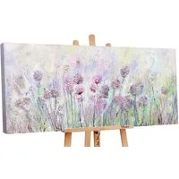YS-Art Gemälde Blumen auf der Wiese, Landschaft, Lila Blumen Feld Grün Leinwand Bild Handgemalt