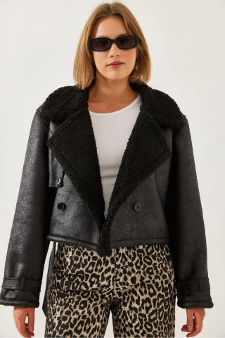 Künstliche Leder Cropped-Jacke mit Schal-Kragen