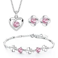 LuxusKollektion Schmuckset Schmuckset Silber 925 Halskette Herz Ohrringe Klee Zirkonia Rosa