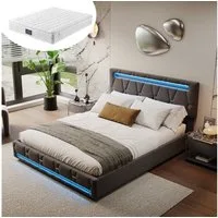 Furnishings Home Polsterbett Stauraumbett Doppelbett, Mit 7-Zonen Federkernmatratze, Mit LED-Beleuchtung, 4 Schubladen, Leinen, 140x200 cm