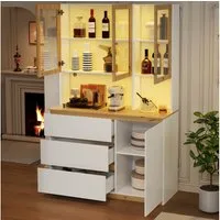 Flieks Küchenbuffet Hochschrank mit Arbeitsplatte in Holzoptik und LED-Beleuchtung (1-St., B120/T40/H200 cm) Glasvitrine Mehrzweckschrank mit Glastüren und Schubladen Weiß