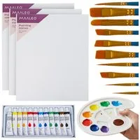 MAALEO Malpalette Malset Leinwand Pinsel Palette, Enthält Acrylfarben, 10 Pinsel, 3 Baumwollleinwände und eine Palette