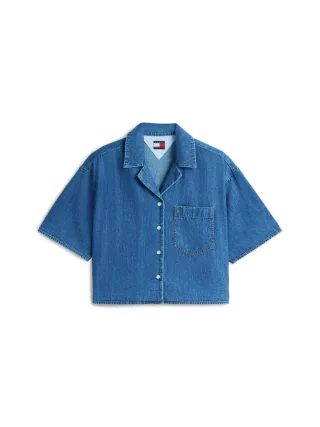 Tommy Jeans - Kurzärmeliges Chambray-Hemd im Cropped Boxy-Fit blau - Gr. - XS