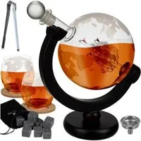 MALATEC Karaffe Globus Whiskyglas, (Whisky-Set, 17-tlg., Geschenkidee), kugelförmige Karaffe, 2 Gläser mit Muster, 2 Korkuntersetzer mit Karte