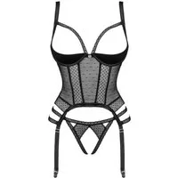 Obsessive Set: Bügel-BH Corsage mit Strumpfhalter und Ouvert-String - schwarz (2-tlg) transparent