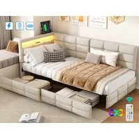 ADWOLT Schlafsofa Daybett Polsterbett Mit LED-Licht und USB-Anschluss, Set 1 Teile, 90x200 cm,Mit 2 Schubladen,Leinenstoff-Beige