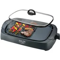 ADLER EUROPE Tischgrill AD 6610 Elektrogrill Tischgrill, Grillplatte mit Glasdeckel, 3000 W, große Grillfläche, Antihaftbeschichtung, Temperaturregler, Schwarz