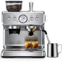 COWSAR Espressomaschine Kaffeemaschine mit integriertem Kegelmahlwerk,30 Mahlgradeinstellungen,PID-Temperaturregelung, Manometer, Edelstahl-Espressomaschine mit Tassenwärmer