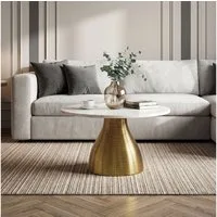 FINEBUY Couchtisch FB77369 60cm Marmor Platte weiß Wohnzimmertisch Beistelltisch Rund (Extravaganter Tisch in markanter Rillenoptik), Glatte Marmorplatte auf goldenem Aluminium