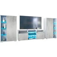 Vladon Wohnwand Davos, (Anbauwand, bestehend aus 2 Vitrinen, 1 TV-Board und LED-Beleuchtung), Weiß matt/Beton Oxid Optik (329 x 134 x 35 cm)