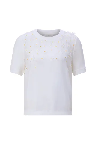 Rich & Royal - Knit Mat Mix T-Shirt with Flower Application pearl white - Gr. - L