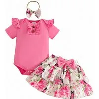 Gluckids Shirt, Rock & Haarband Mädchen Baby-Set, Kurzarm Body mit Rüschen, A-Linie Rock, Haarband (Set, 3-tlg) Süßes Sommer Kleidung, Oberteil mit Rüschen, Rock mit Blumendruck