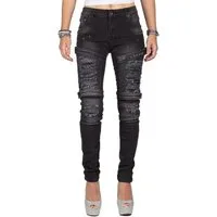 Cipo & Baxx Slim-fit-Jeans Damen Slim Fit Biker Hose Stonewashed BA-WD383 mit Aufnähern und Klettschlüssen Destroyed