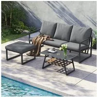 Merax Gartenlounge-Set mit Glastischplatte, (3-tlg., Sitzgruppe Gartengarnitur Balkonmöbel Terrassenmöbel Essgruppe), 4-Sitzer Gartenmöbel-Set mit 3-Sitzer-Sofa, Hocker und Couchtisch
