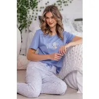 COOLISMO NIGHTWEAR Pyjama Damen Baumwolle-Pyjama Kurzarm (2 tlg) Hausanzug-Set in Coelinblau mit Eulen-Print und gemusterter Hose
