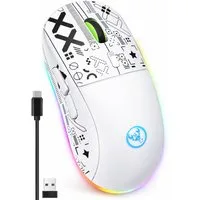RUHE RGB Gaming Maus Kabellos Wireless Leise Maus Beleuchtung Plug & Play Gaming-Maus (Bluetooth, Funk, kabelgebunden, 3 Geräte Verbindung, Drahtlos, Optische Maus, 3600 dpi, 10M Einstellbar DPI Schwarz Weiß 6 Tasten für Laptop/PC/Mac/Computer)