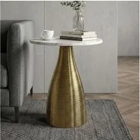 FINEBUY Beistelltisch FB77366 Wohnzimmertisch Rund Marmorplatte Weiß Anstelltisch Couchtisch (Skulpturale Metallbasis mit feiner Struktur), Eleganter Naturstein für Dein Zuhause