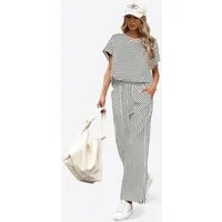 Imily Bela Hausanzug Damen 2-teiliges Set Gestreift Lounge Casual (Set, 2 tlg., 2er-Pack, Kurzarm T-Shirt+Hose mit Eingrifftaschen) Rundhals Fledermausärmel