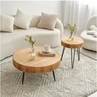 Cagnolier Couchtisch Wohnzimmertisch mit Schwarzen Metallbeinen, ø77x36cm & 40x47cm (2-St), Beistelltisch 2er Set, Rund aus Holz mit Jahresring-Design