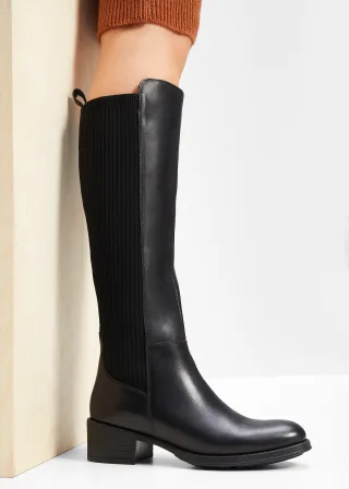 bonprix Stiefel aus Leder, schwarz, Gr.42, Klassicher Stiefel aus Leder mit Elastikeinsatz, aus Glattleder