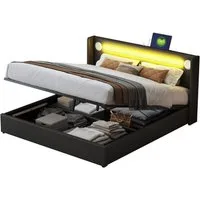 Flieks Polsterbett, LED Beleuchtung/Bluetooth/USB-Aufladen Doppelbett 160x200cm Kunstleder