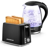 Aigostar Frühstücks-Set (2-tlg), Wasserkocher 1,7L / 2-Scheiben Langschlitz Toaster, Schwarz