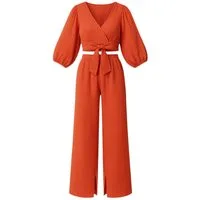 WENOR Crop-Top Set Damen Musselin-Zweiteiler mit Hose, Wickel-Top & V-Ausschnitt (2-tlg., Zweiteiliges Set) Bindeband vorn, Raffdetails an Schultern