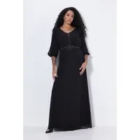 Ulla Popken Cocktailkleid Chiffon-Maxikleid doppellagig V-Ausschnitt 3/4-Arm