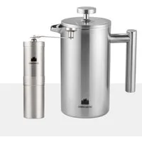 GRØNENBERG French Press Kanne Spar Set 1: Manuelle Kaffeemühle + French Press (350, 600, 1000ml), Edelstahl Kaffeebereiter mit Thermo Effekt & inkl. Ersatz Filter