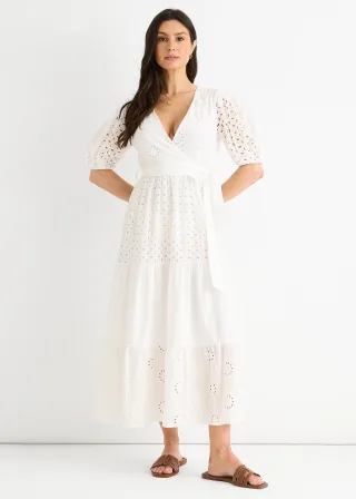 Weißes Broderie-Baumwollgürtel-Midikleid in Wickeloptik