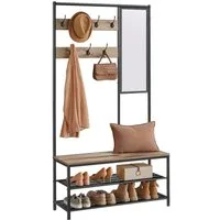 VASAGLE Garderobenständer Garderobe, mit 7 Haken, Spiegel, Sitzbank, 35 x 98 x 180 cm