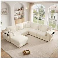 Merax Ecksofa Modulares 6-Sitzer Sofa mit USB & Type-C, Chenille Couch, 215 x 215 x 82 cm 1 Teile, L-/U-Form Sofa mit Hocker, Getränkehaltern, Stauraum & 7 Kissen