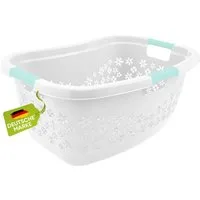 homesti Wäschekorb ergonomischer Wäschekorb weiß/aquamarin 50 L mit Soft-Touch-Griffen, an den Körper angepasste Nierenform