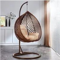 RAMROXX Hängesessel Luxus Style XXL Rattan Korb und Gestell Braun mit Relaxkissen Beige