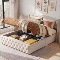 ADWOLT Polsterbett Doppelbett Stauraumbett mit Samtstoff-Bezug, Bett mit Bettkasten, 140x200 cm,wahlweise in 2 GröBen und 2 Farben,beige