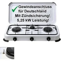BlueCraft Gaskocher 3 flammig mit Zündsicherung 50mbar Propan Gas Campingkocher 5,25 kW, Camping Gas Kocher 3 flammen für Gasflasche Gasherd Gas-Kochfeld