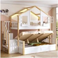 Flieks Etagenbett, Kinderbett 90x200cm mit hydraulischem Unterbett 140x200cm, LED-Leiste