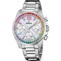 Festina Chronograph Boyfriend Collection F20606/2, Armbanduhr, Quarzuhr, Damen, Stoppfunktion, Zirkonia Regenbogenfarben