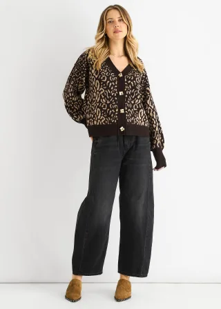 Schokoladenfarbiger Animal-Print-Wollmix-Cardigan-Look-Pullover