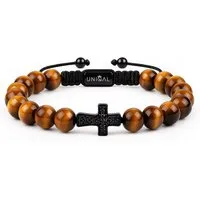 UNIQAL.de Armband aus Naturstein mit Edelstahl-Kreuz & Zirkonia – Unisex, 8 mm (Schutzsymbol, Energieeffekt, dezente Eleganz in moderner Ausführung, handgefertigt, langlebige Qualitätsarbeit), modernes Herren-Statement, ideale Geschenkidee