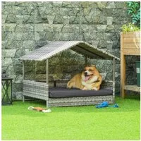 PawHut Hundehütte Rattan Hundehaus mit Kissen, Hundebett im Hausform, für kleine, mittlere Hunde, Grau